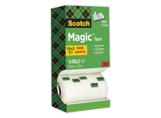 1 Boite de 14 Ruban invisible Magic, Multi-Pack, 12+2 rouleaux offerts, 19m x33m