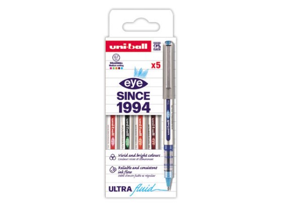 1 Etui de 5 Rollers pointe métal UNI-BALL Eye 157 -Ecriture moyenne en pochette