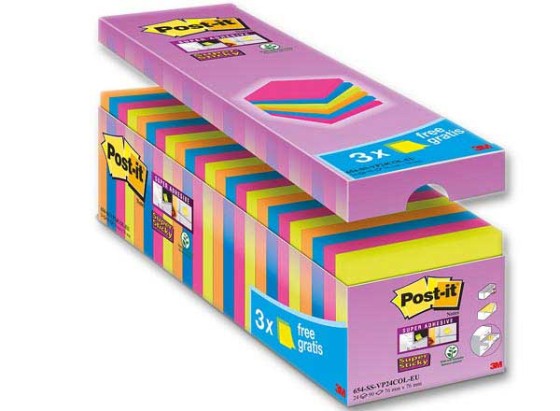 1 Lot de 24 Notes repositionnables Super sticky 76x76 mm, assortis, 90 feuilles