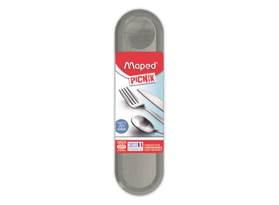 1 Boîte plastique contenant fourchette, couteau et petite cuillère. Gris