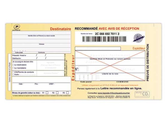 1 Boite de 100 Recommandés avec AR, liasse 5 ex, pour écriture manuelle