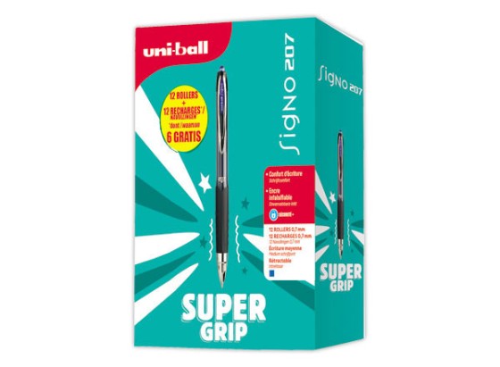1 Lot de 12 Rollers uni-ball SIGNO 207 + 12 recharges dont 6 gratuites. Bleu