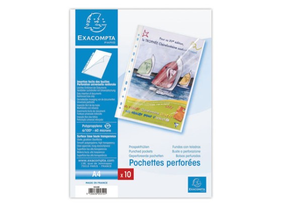 1 Sachet de 10 Pochettes perforées lisses EXACOMPTA ouverture haut et coin 6/100e