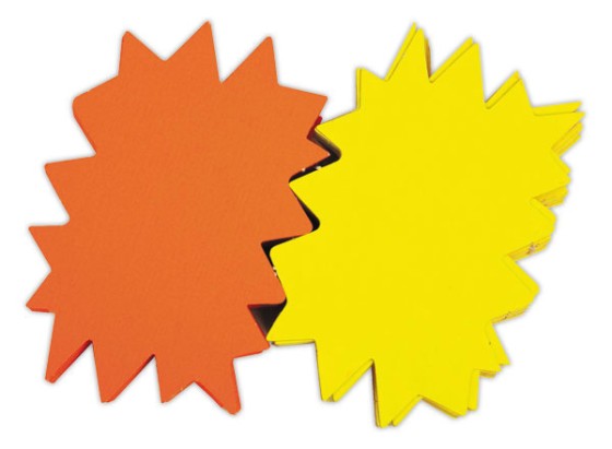 1 Boite de 25 Etiquettes carton forme éclatée jaune/orange 160 x 240mm - Bte de 25