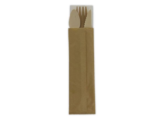 1 Carton de 250 Kit 3 couverts biodégradables et compostables en bois + Serviette blc