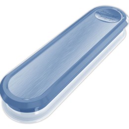 1 Boîte plastique contenant fourchette, couteau et petite cuillère. Bleu